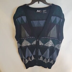 Impact Vintage 80s Button Up Sweater Vest Geometric Grandpa Leather Trim Men's L